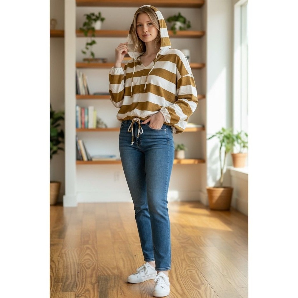 Aerie Women's Striped Lounge Hoodie Top Mustard White Size M Casual cropped